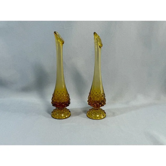 Vintage Pair Fenton Amber Glass Hobnail Swung Vases Footed Marked 10" MCM Retro - Picture 14 of 14